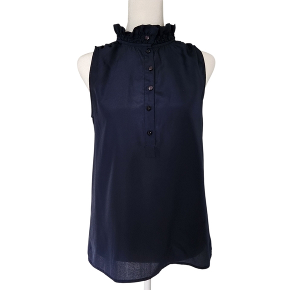 J. Crew Navy Ruffle Collar Sleeveless Blouse Sz 0 - Picture 1 of 5
